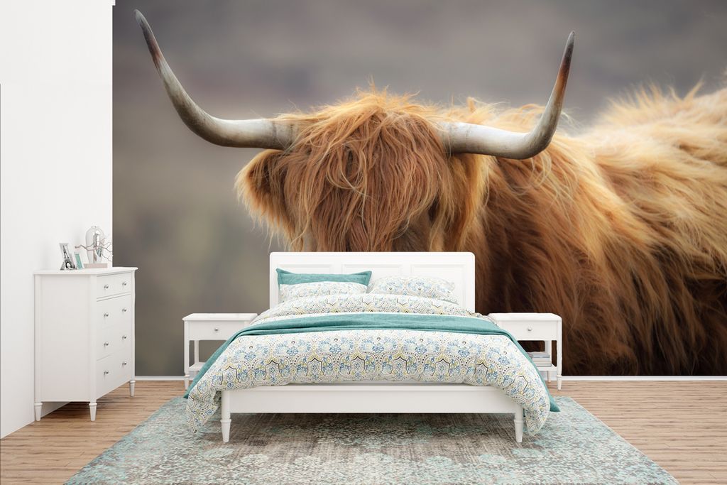 MuchoWow Fototapete für Wohnzimmer oder Schlafzimmer Wandtapete Vinyl Motivtapete Schottischer Highlander - Hörner - Haare - 400x240 cm - Gemus...
