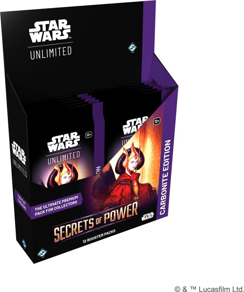 A display box of Star Wars Unlimited trading card booster packs.