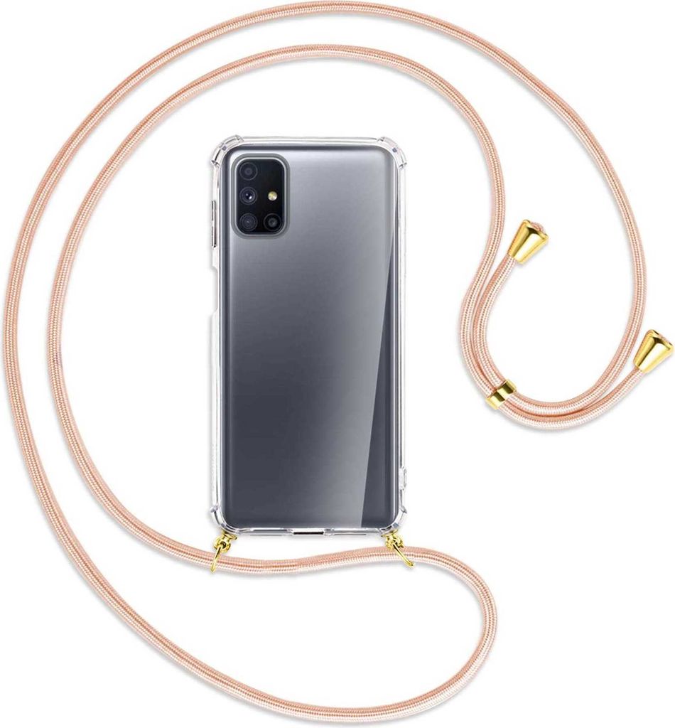 Handykette Backcover-Schutzhülle mit Band (Metall goldfarben) für Samsung Galaxy M51 - rose peach