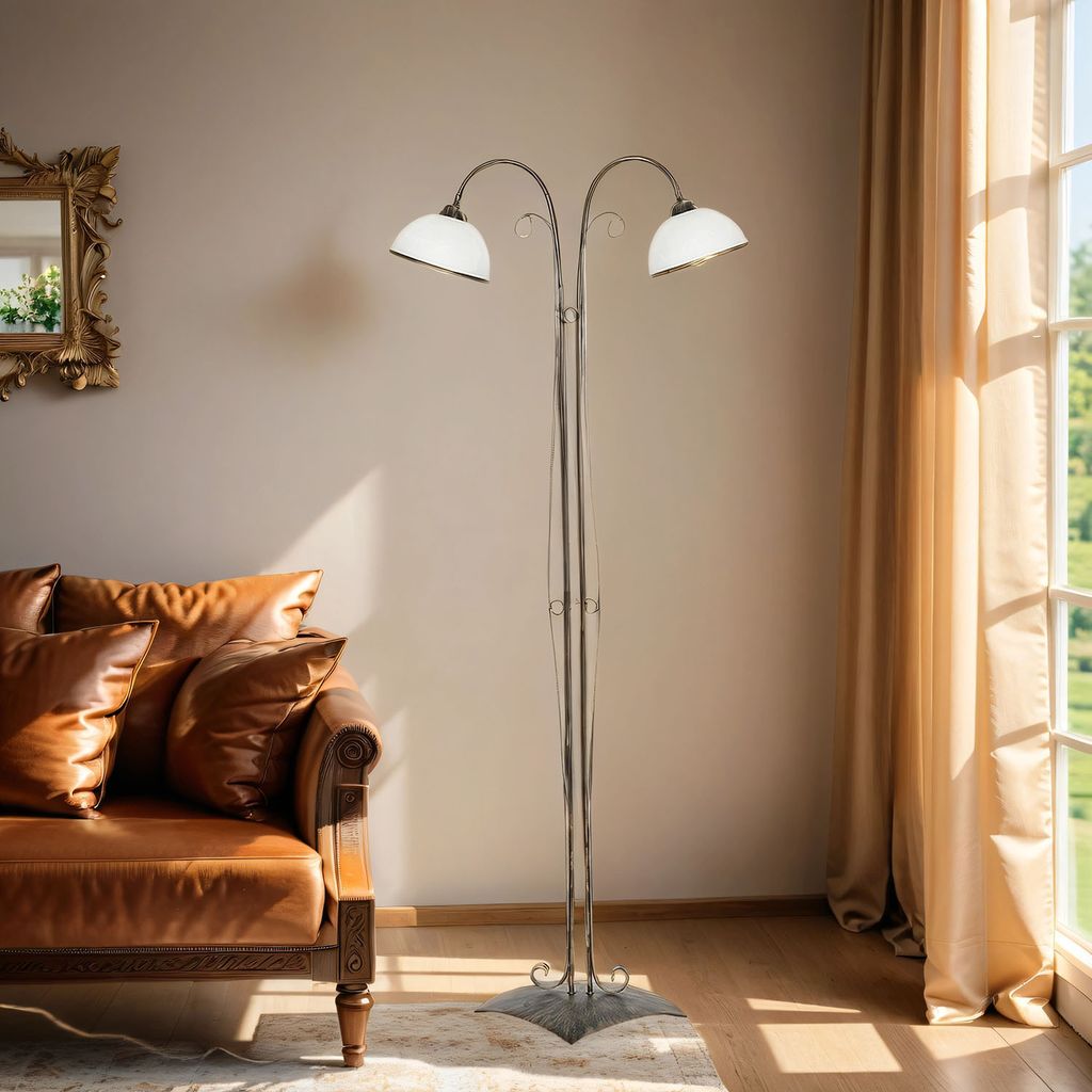 Stehlampe LandhausRustikal "Antica" Messing Weiß Glas Metall 2-flammig Standleuchte Wohnzimmer