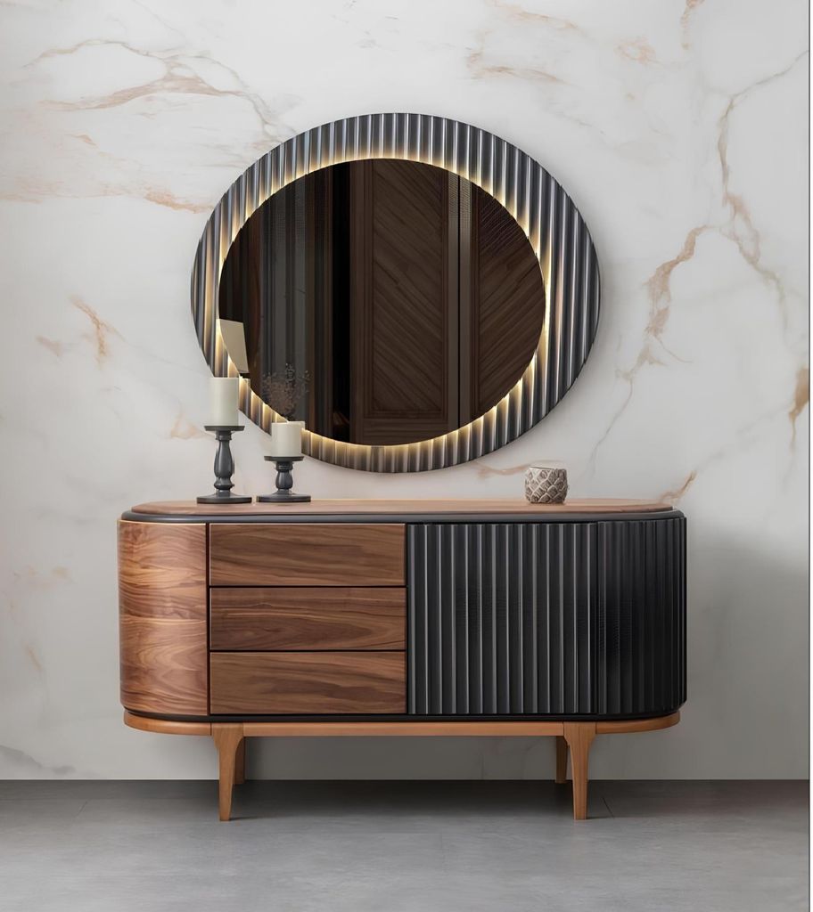 Braune Kommode Mit Schubladen LED-Spiegel Designer Schlafzimmer Garnitur