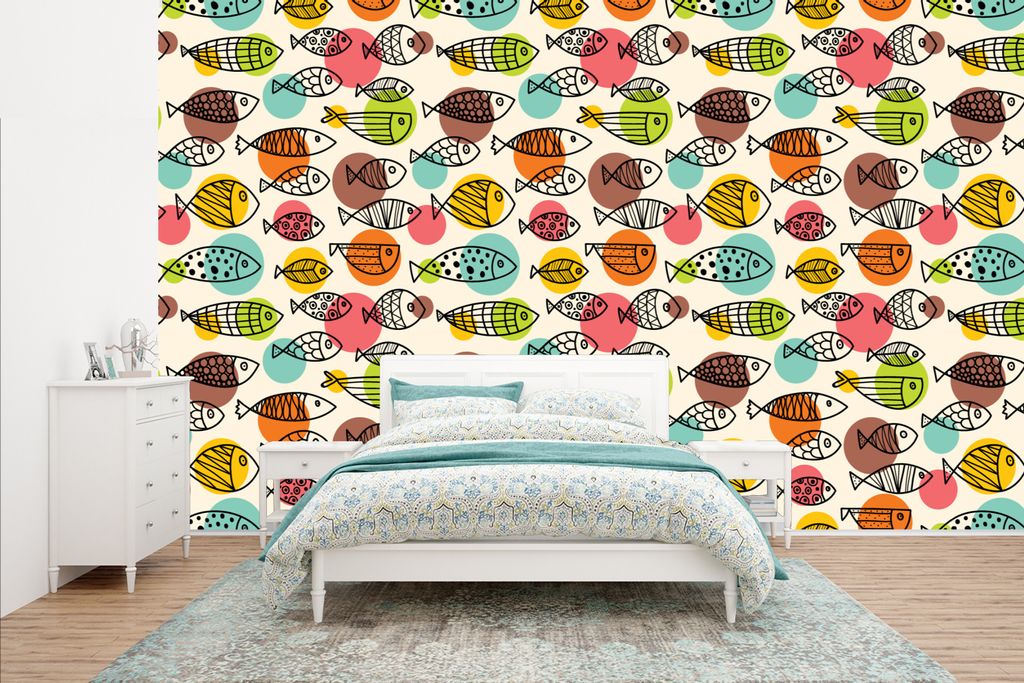 MuchoWow Fototapete für Wohnzimmer oder Schlafzimmer Wandtapete Vinyl Motivtapete Polka dots - Fisch - Regenbogen - 435x260 cm - Kinderzimmer