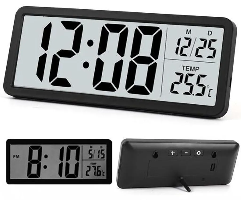 Horloge murale numérique noire 20 cm à piles avec température précise