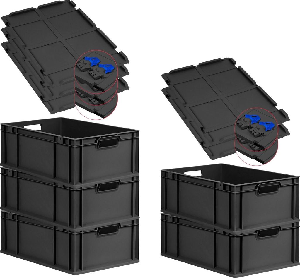 SuperSparSet 5x Eurobox NextGen Grip mit Scharnierdeckel und blauen Schiebeschnappverschlüssen | HxBxT 22x40x60cm | 44 Liter | Schwarz | Griffe of...