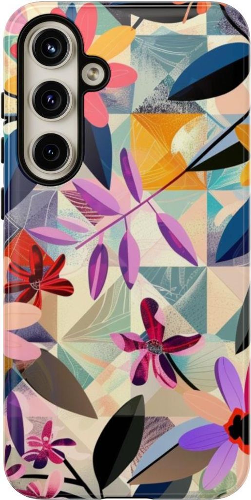 Buntes Blumenmuster mit geometrischem Hintergrund – Hülle Kompatibel mit Samsung Galaxy S24 Plus
