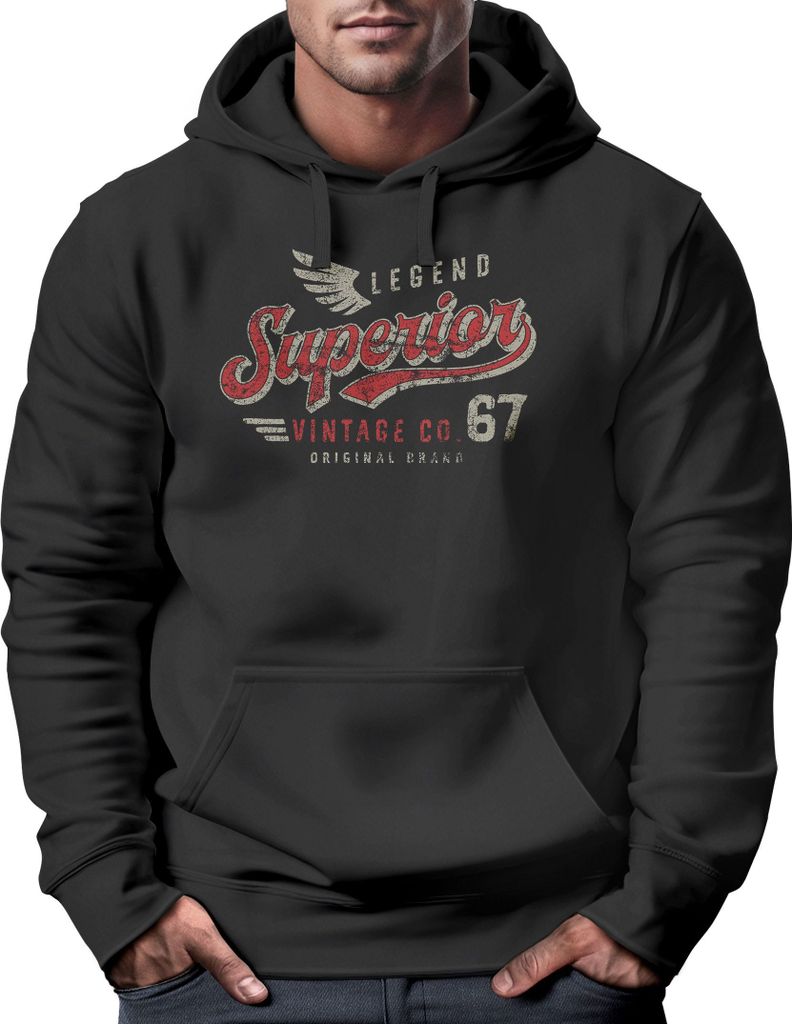 Hoodie Herren Vintage Retro Motiv Schriftzug Superior Legend Flügel Kapuzen-Pullover Männer Fashion Neverless schwarz L