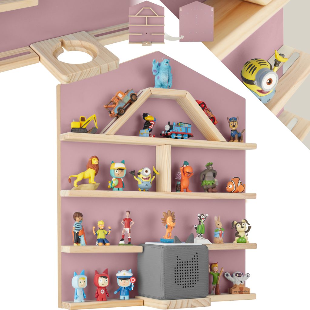 A wall shelf filled with various toys and a gray speaker-like device.