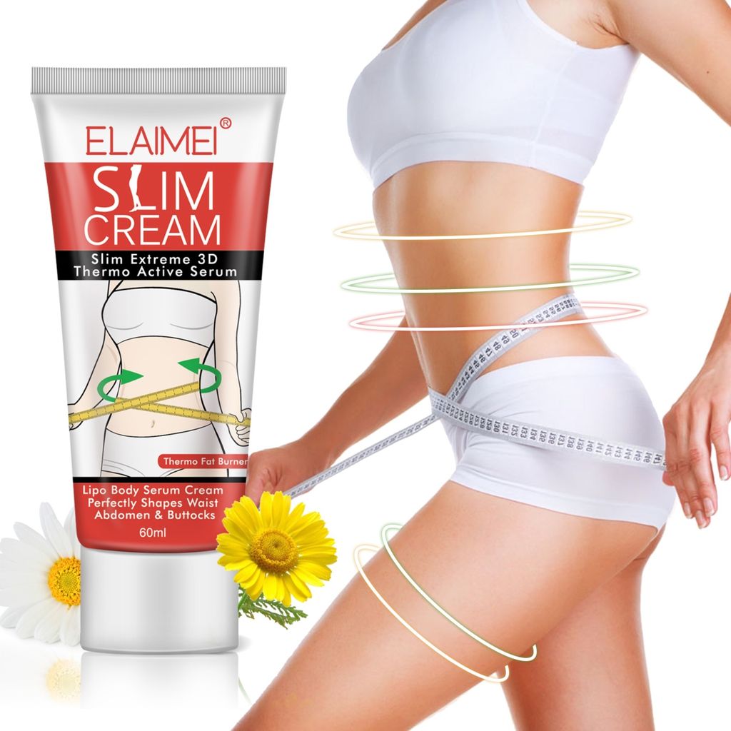A tube of slimming cream is shown next to a woman's body, with a measuring tape around her waist and decorative rings around her body.