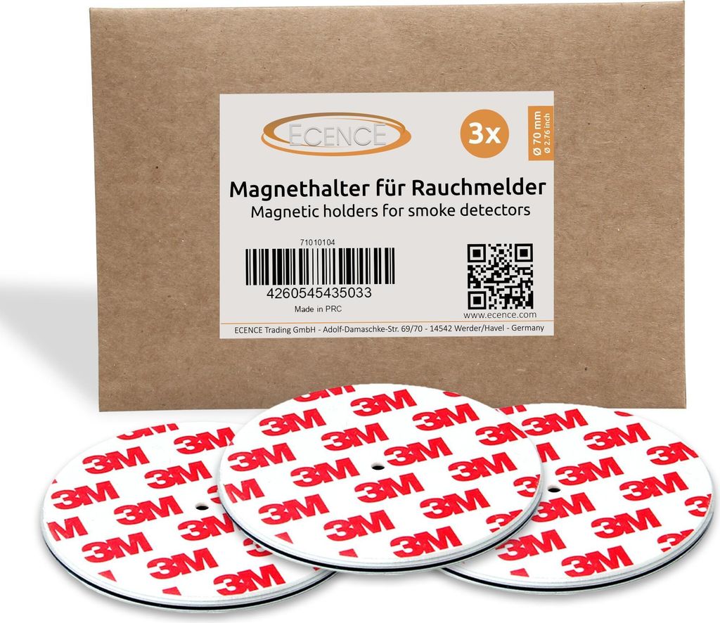 A product package for magnetic holders for smoke detectors, with three holders shown in the foreground.