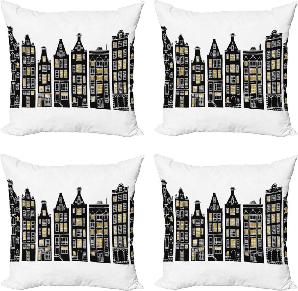ABAKUHAUS Stadt Alte Häuser Kissenbezug Set (4 Stück), Amsterdam Artwork, Moderner Doppelseitiger Digitaldruck, 50 cm x 50 cm, Black Earth Gelb
