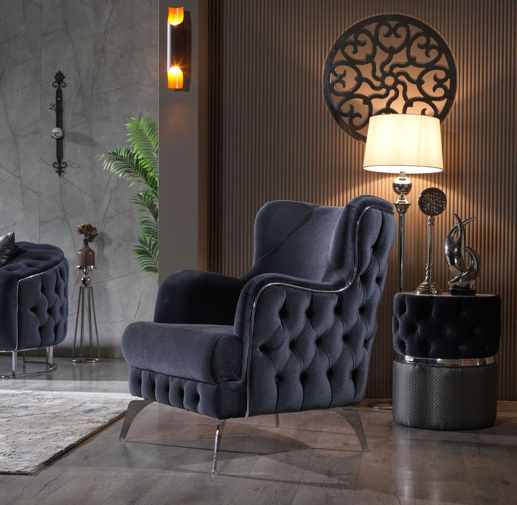 Villa Möbel Sofa Set Rocco Anthrazit Stellvariante:3+1+1 Handmade, pflegeleichter Mikrofaser Samtstoff