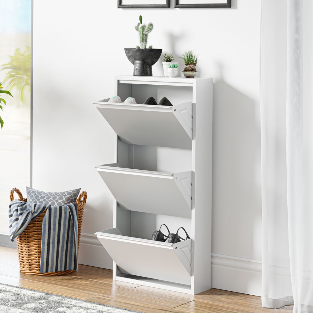 Schuhkipper 'Sokndal' mit 3 Klappen Metall 104 x 50 x 15 cm Weiß