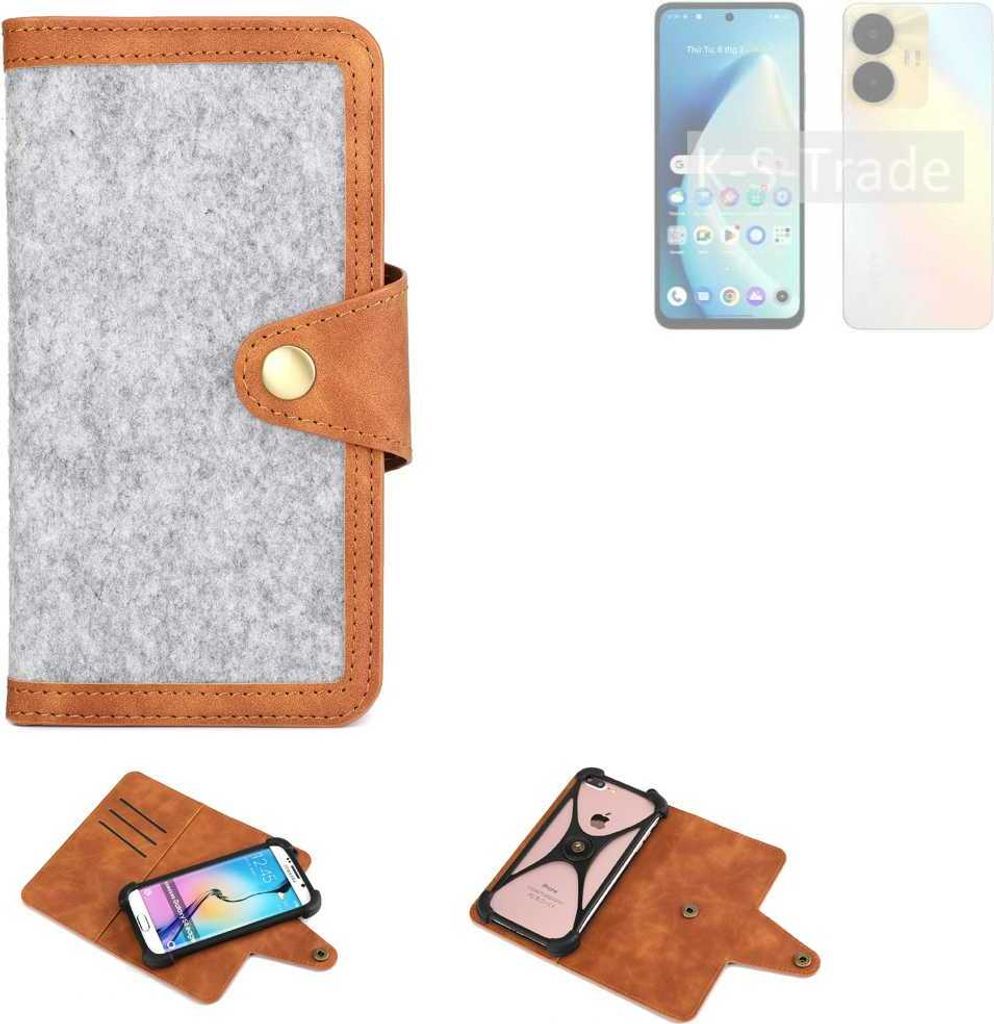 K-S-Trade Handyhülle kompatibel mit Realme C55 Schutzhülle Filz-Hülle Kunst-Leder hellgrau braun (1x)