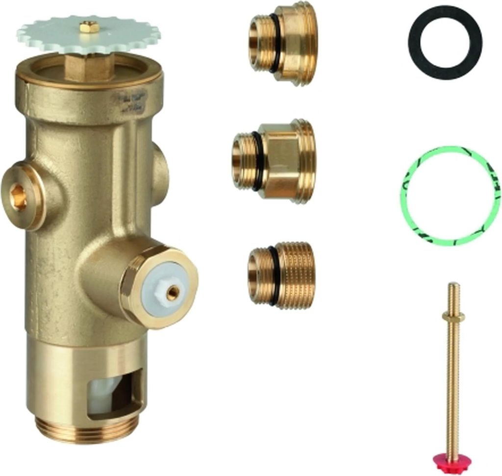 A brass plumbing component with several accessories arranged around it on a white background.