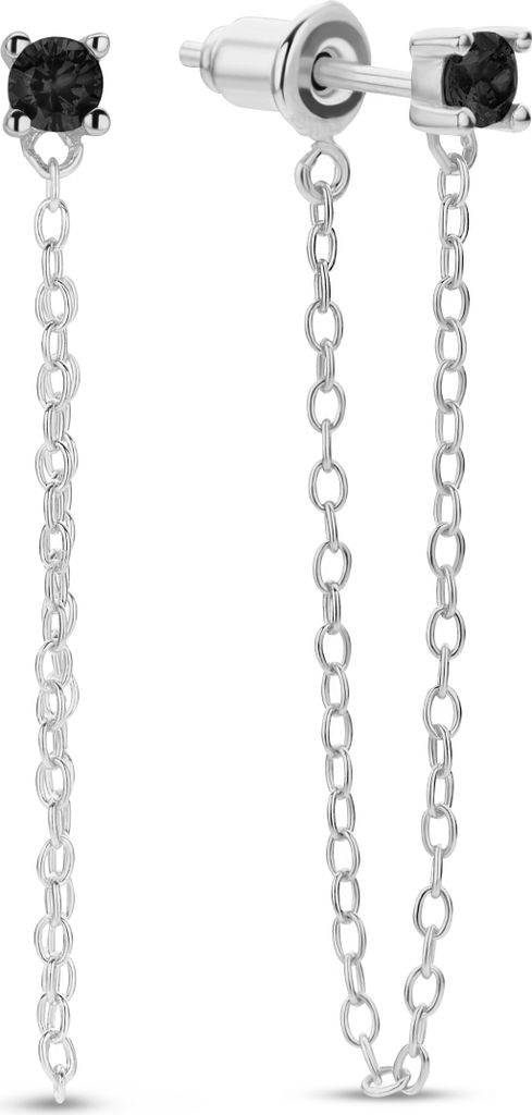 Neu Bling 9NB-1048 Silberne Ohrstecker mit Zirkonia und Kette - 3mm - Schwarz - Länge 33mm - Rhodium - Silber