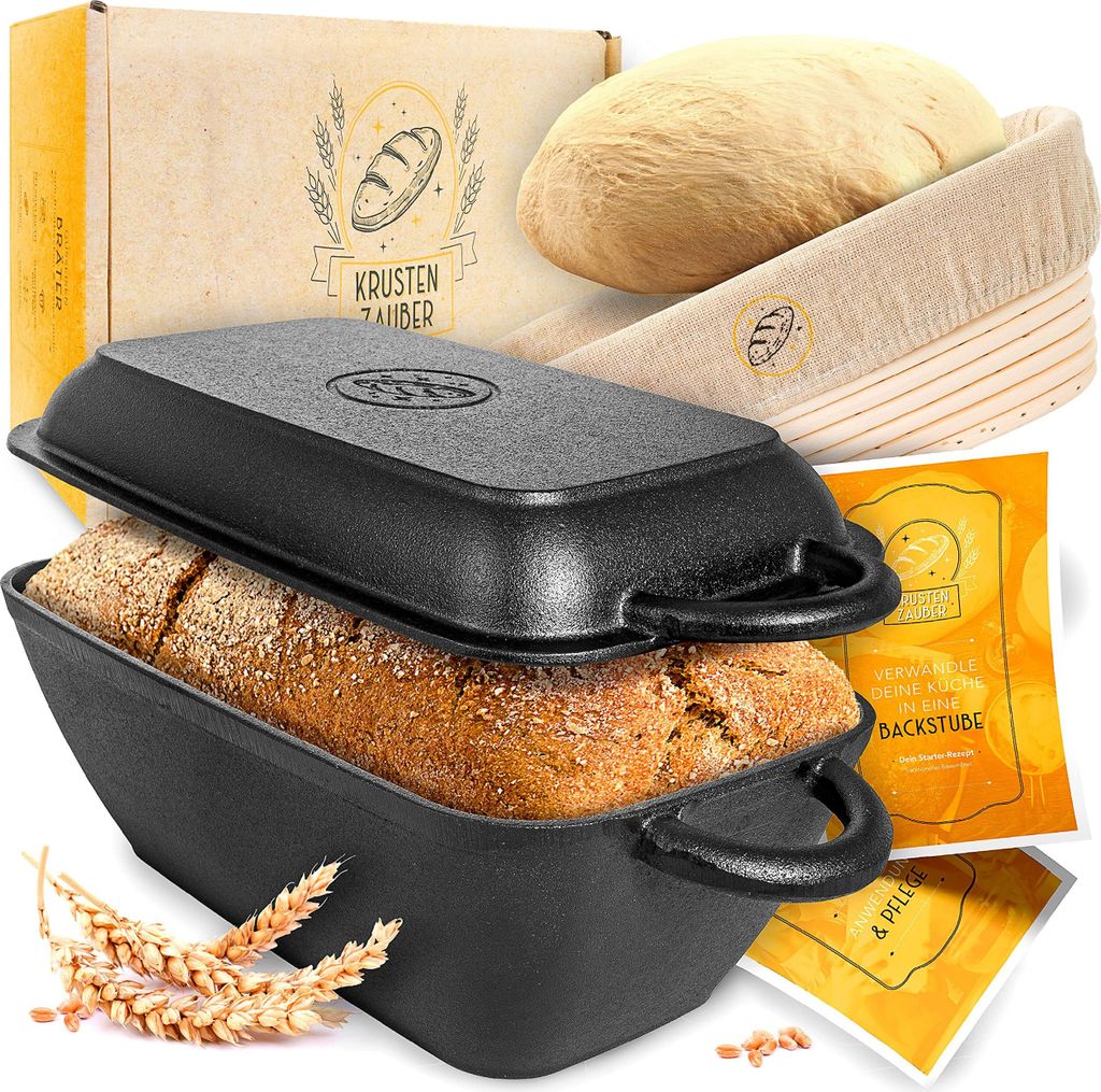 KRUSTENZAUBER 28cm Gusseisen Bräter inkl. Gärkorb - Backofengeeignet, eckiger Topf für Brot, Induktion, Ofenform