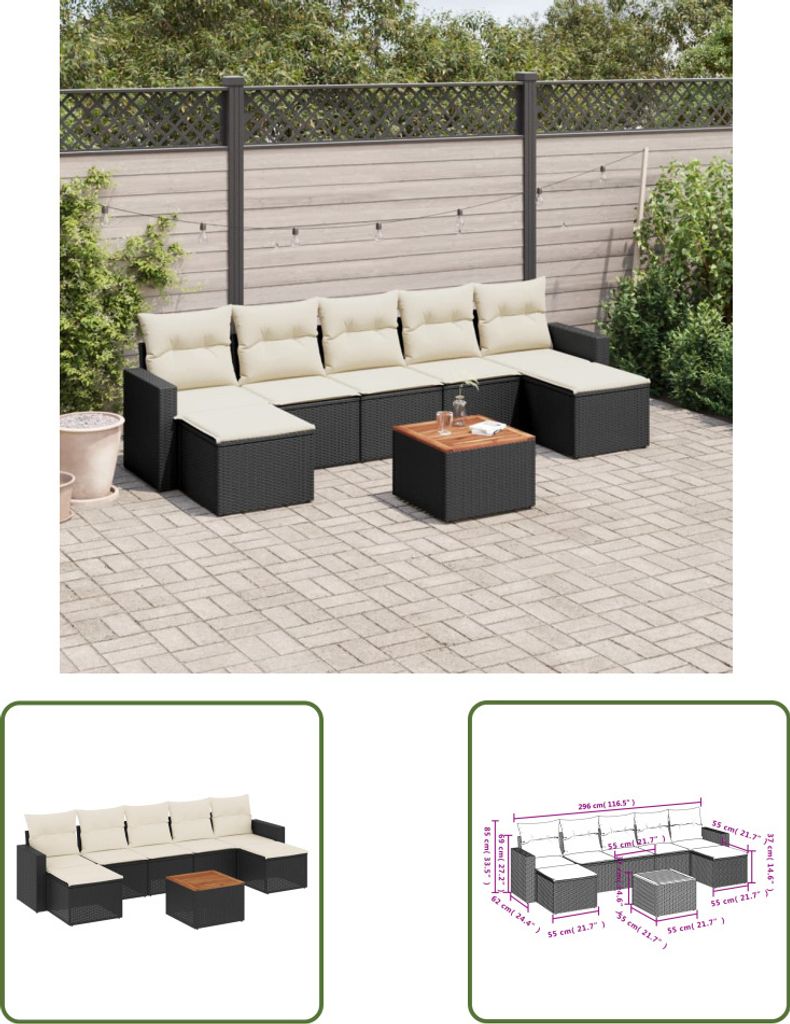 The Living Store 8-tlg. Garten-Sofagarnitur mit Kissen Schwarz Poly Rattan