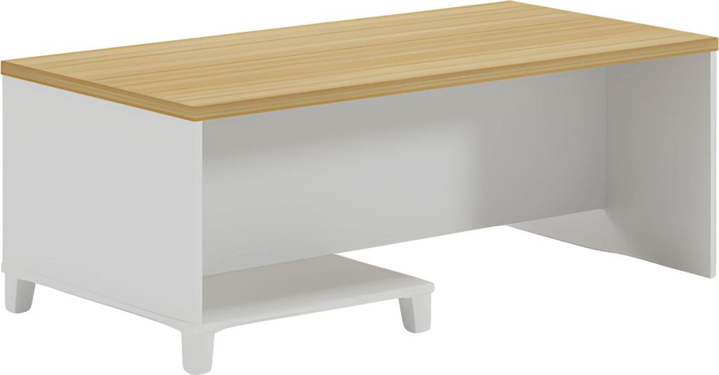 Moderner Couchtisch mit weißem Korpus und Holzoberfläche für elegantes Wohnen