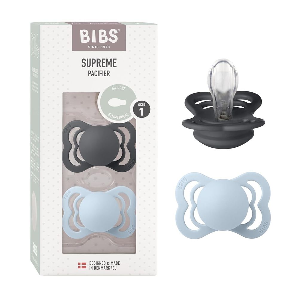 BIBS Supreme Schnuller 2er-Pack, BPA-frei, Symmetrischer Nippel. Silikon, Hergestellt in Dänemark. Größe 1 (0-6 Monate), Iron / Baby Blue