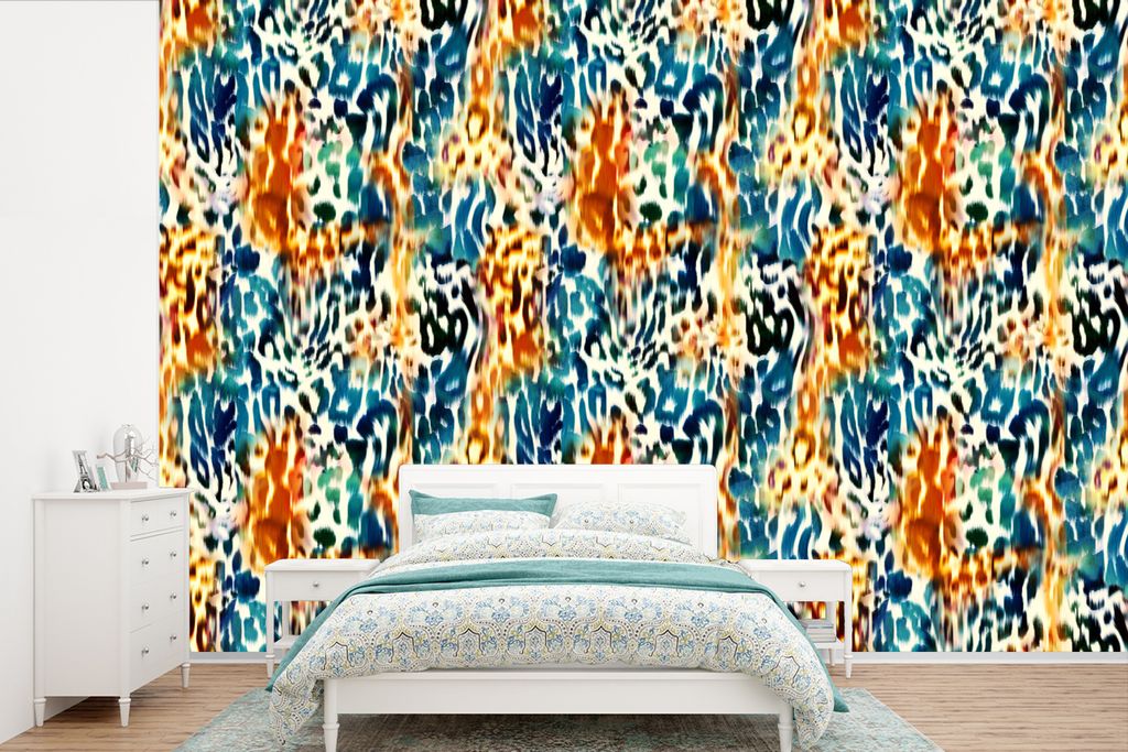 MuchoWow Fototapete für Wohnzimmer oder Schlafzimmer Wandtapete Vinyl Motivtapete Orange - Blau - Tiermuster - Muster - 600x400 cm - Vinyltapeten