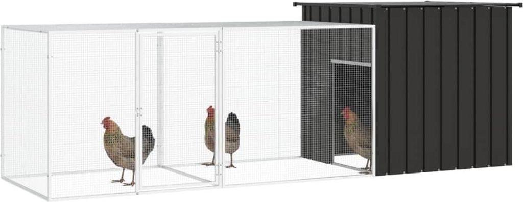 A chicken coop with an attached run, with three chickens visible.