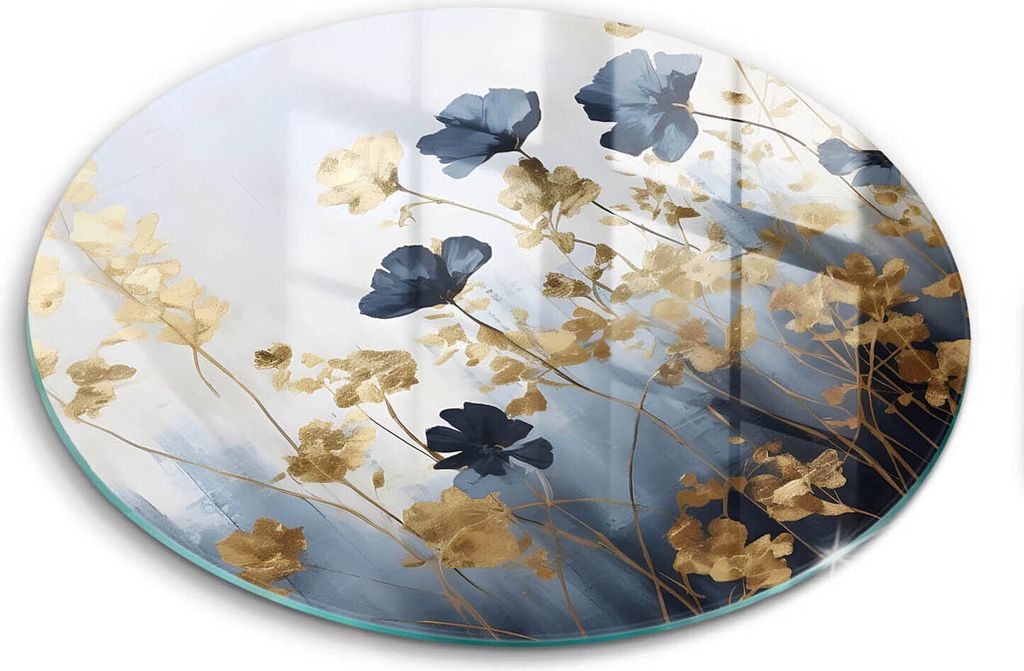 Glasschneideplatte - Herdabdeckplatte - fi30 cm -Schneidebrett - Spritzschutz - Blaue und goldene Blumen