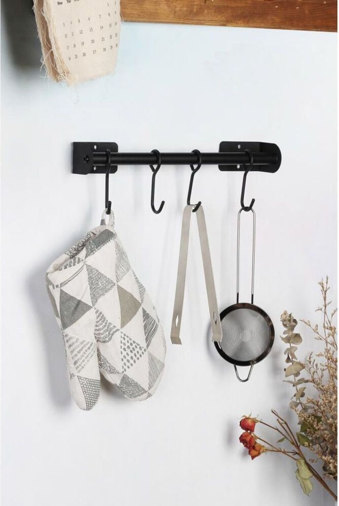 Metall-Wandgarderobe schwarz matt Küchenreling Utensilienhalter Handtuchhalter Küchenleiste Küchenhaken Hakenleiste Relingstange