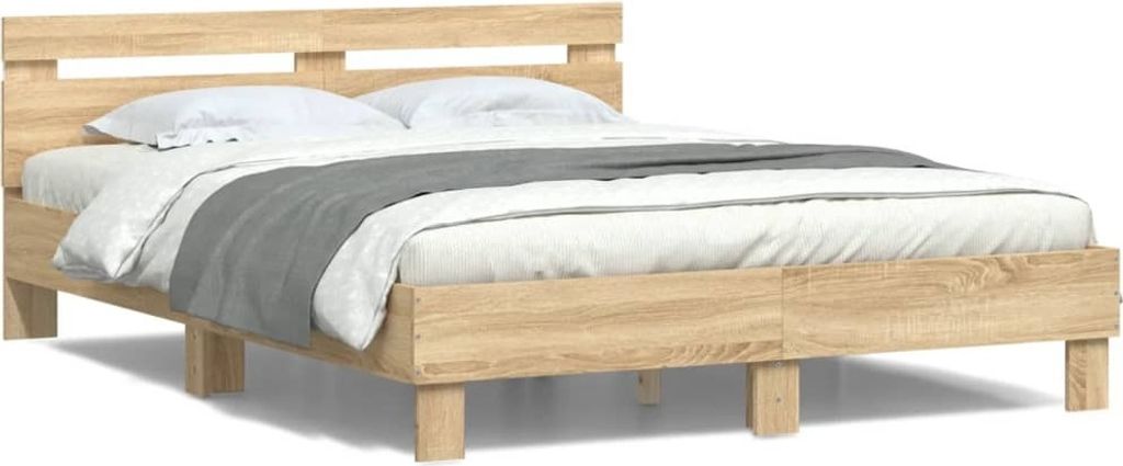 Design Bettgestell mit Kopfteil LED-Beleuchtung Sonoma-Eiche 150x200cm, Klassische Betten 2024 Neu