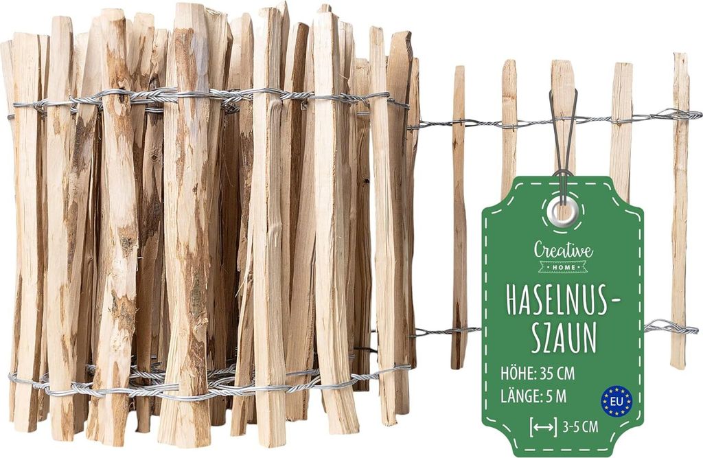 A close-up view of a wooden garden fence roll with a product tag.