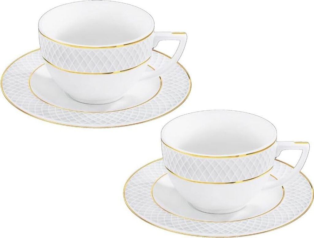 Wilmax Teetasse mit Untertasse 240 ml Weiß Goldrand Porzellan 2er Set WL-880102404/AB2