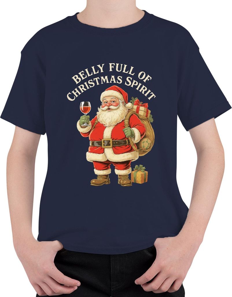 Belly Full Of Christmas Spirit Weihnachtsmann Santa Wein Lustig Uni Kinder T-Shirt, Navy, 116