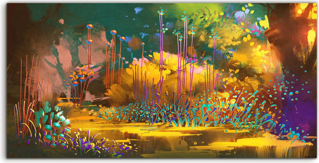 Coloray Acrylbild 120x60 Wandbild Acrylbilder Fantasie Wald bunte Pflanzen Blumen