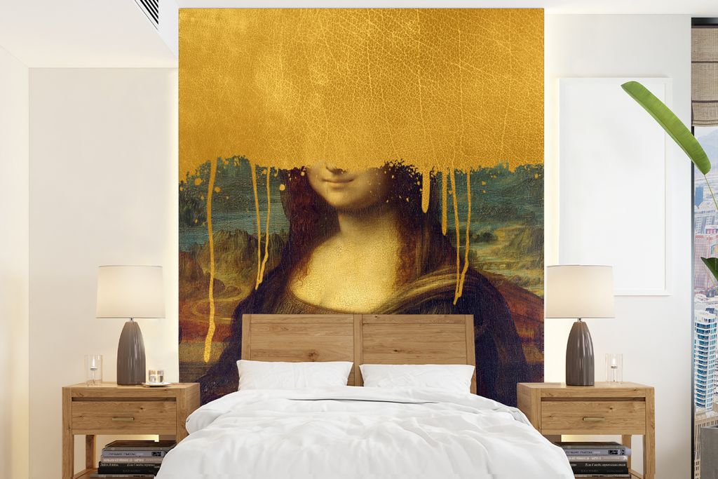 MuchoWow Fototapete für Wohnzimmer oder Schlafzimmer Wandtapete Vinyl Motivtapete Mona Lisa - Gold - Da Vinci - 190x260 cm - Papiertapete