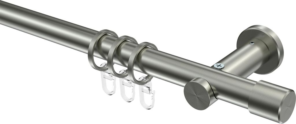 Interdeco Gardinenstange / Vorhangstange Edelstahl-Optik, Typ Platon Santo (Kappe), 20 mm Ø 1-läufig, 320 cm