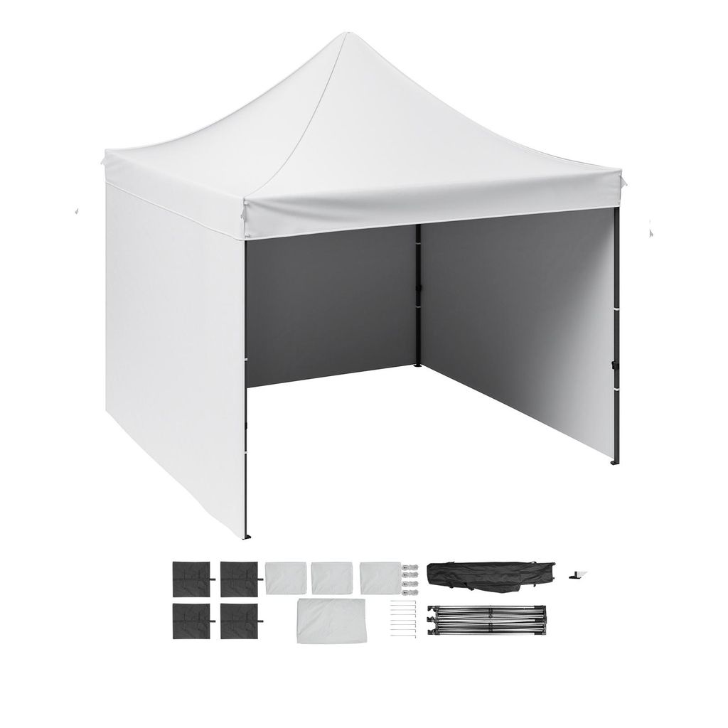 A white pop-up tent with its accessories laid out below, on a white background.