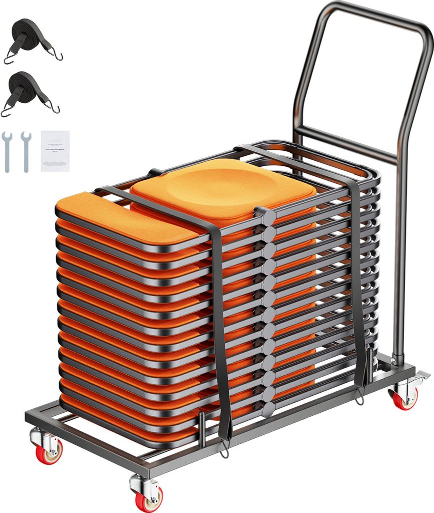 A trolley loaded with stacked orange chairs.