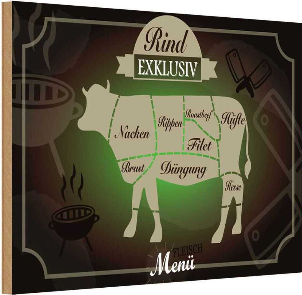 vianmo Holzschild 12x18 cm Fleisch Schnitte Rind exklusiv Menü Essen Trinken