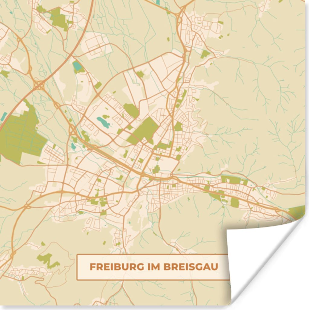 MuchoWow Poster Freiburg im Breisgau - Karte - Vintage - Stadtplan 50x50 cm - Wohnzimmerdekoration