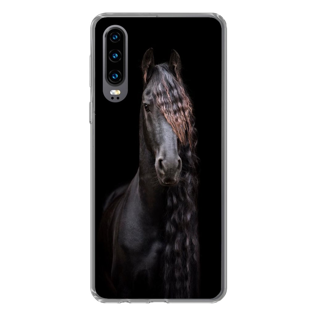 MuchoWow Handyhülle Schutzhülle Hülle für Huawei P30 Pferde - Friesisch - Mähne - Schwarz - Tiere Silikon Softcase Handy Hülle - Kartenbesi...