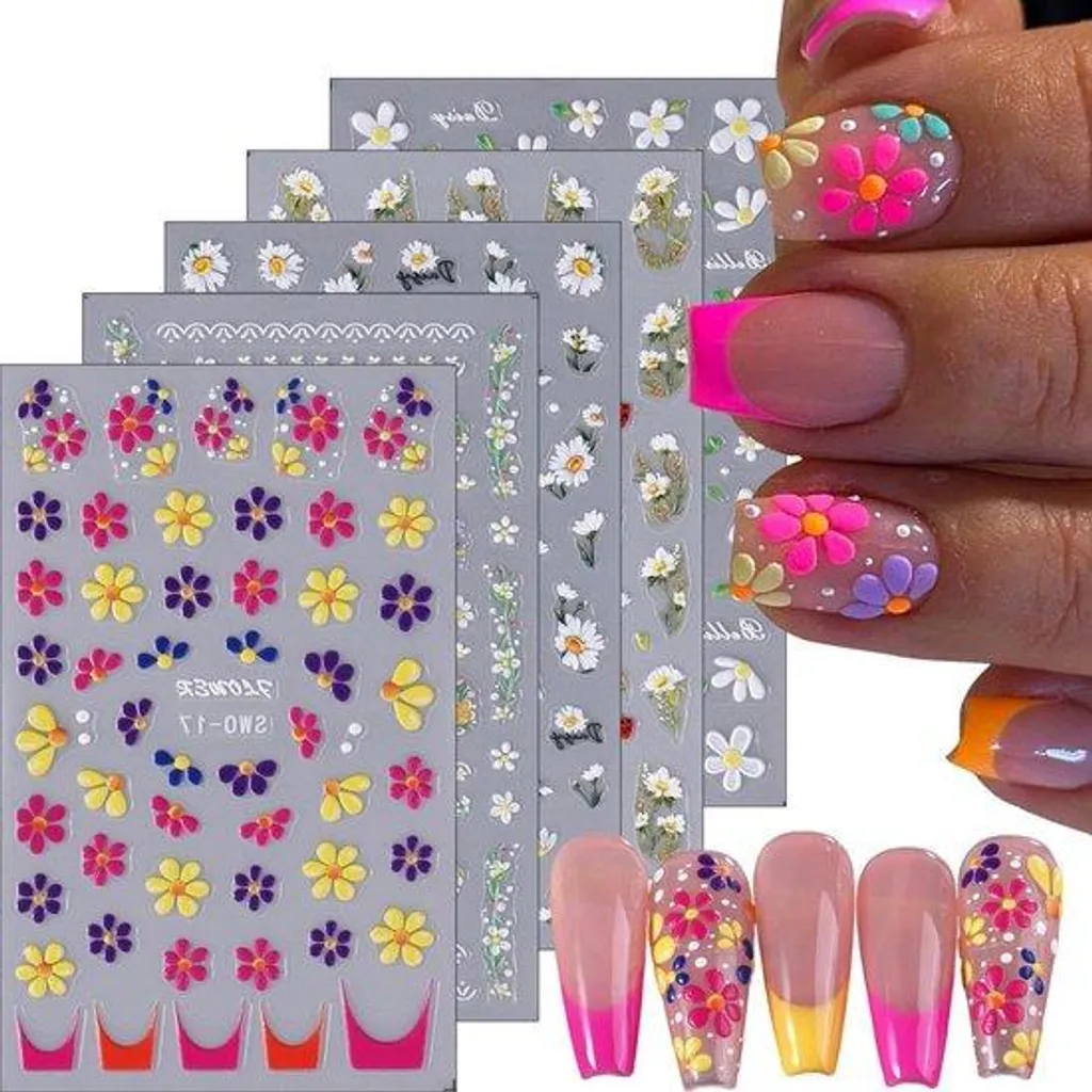 Stickers nail art 5D fleurs d'été pour décoration d'ongles - Set de 5