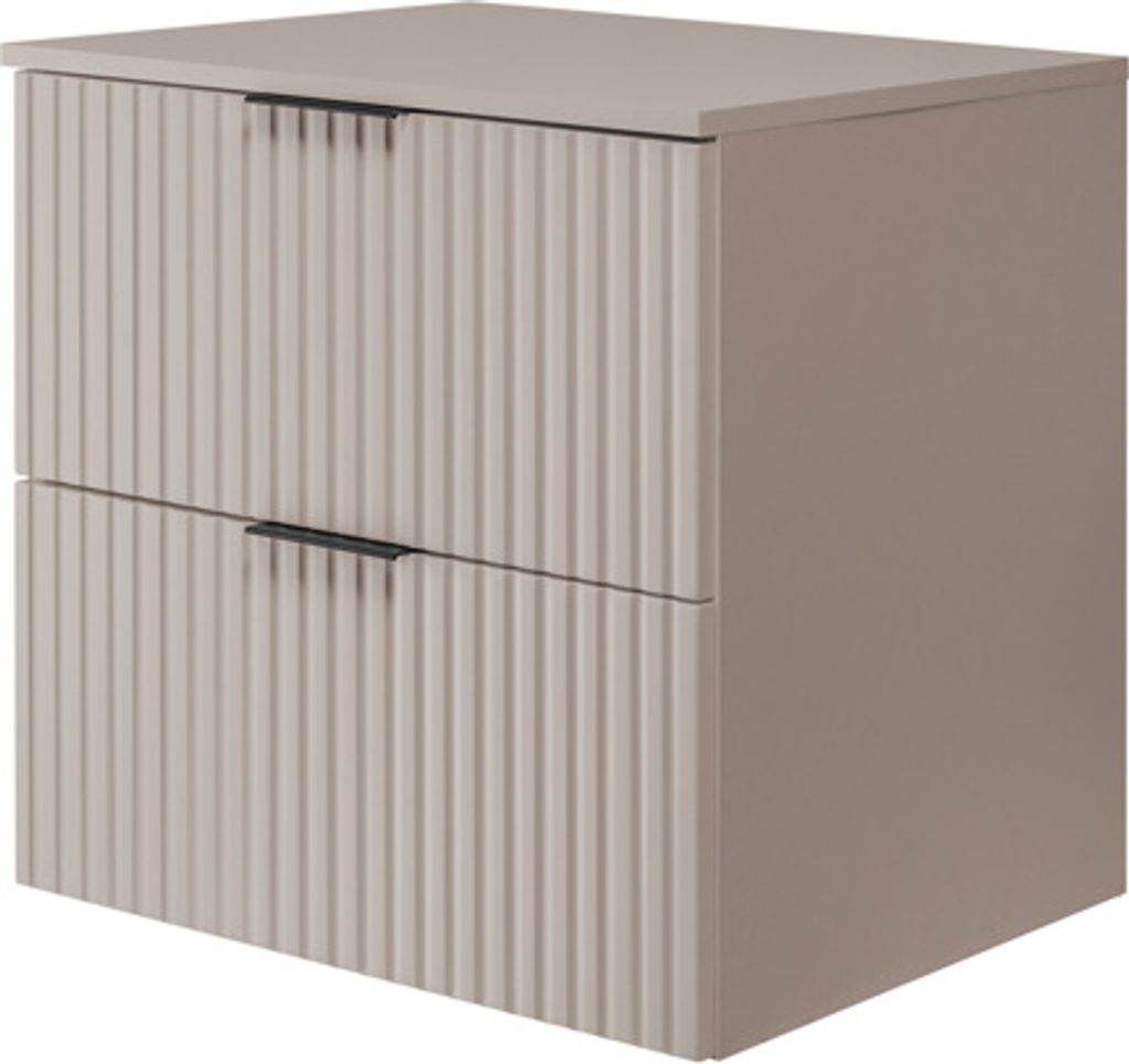 A beige, two-drawer cabinet with fluted drawer fronts and black handles, shown against a white background.