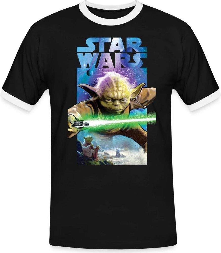 Star Wars Meister Yoda Und Grünes Lichtschwert Männer Kontrast T-Shirt, M, Schwarz/Weiß