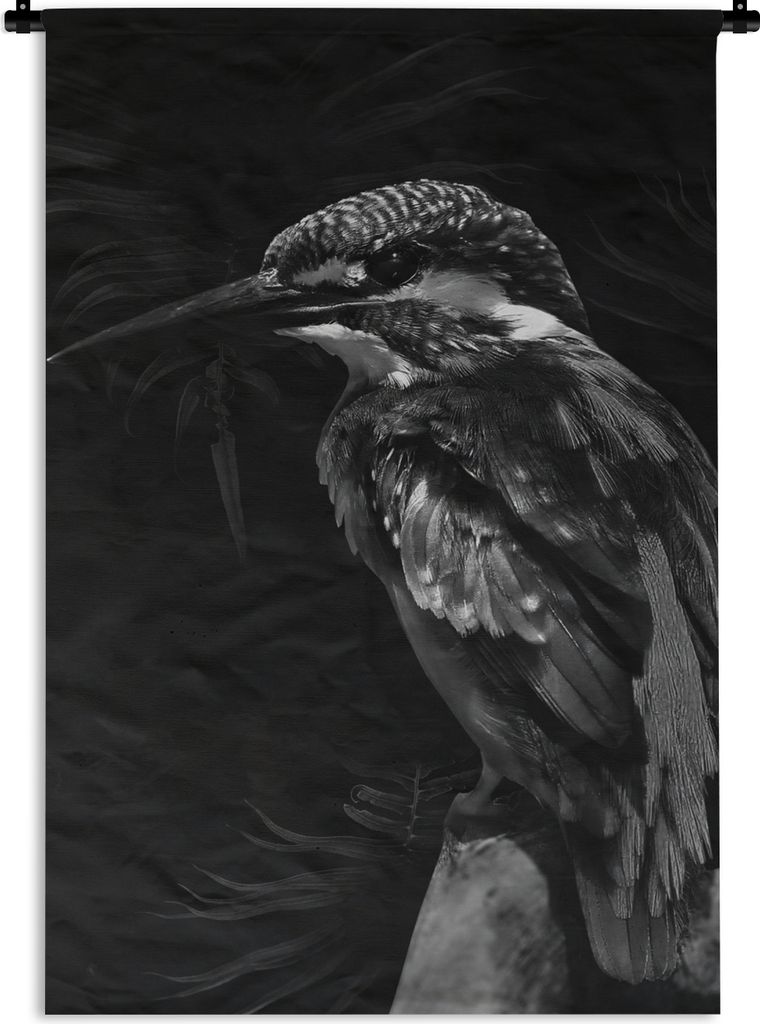 MuchoWow Wandteppich Wandbehang Vogel auf einem Zweig vor schwarzem Hintergrund - schwarz und weiß 120x180 cm Tapisserie Dekoration Wandtuch - S...