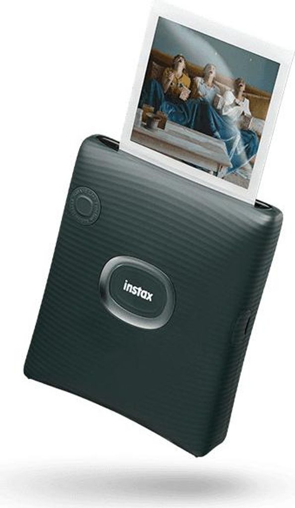 A dark gray Fujifilm Instax SQUARE SQ Link EX D printer with a photo emerging from the top.