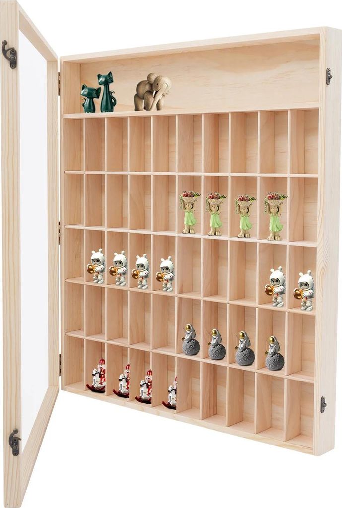 Sammlervitrine - Wandvitrine - 50 Fächer - 6 Ebenen - Acryl-Tür - Kiefernholz - Fächer 5×5,5×11 cm - 59,6×62,6 cm - Braun
