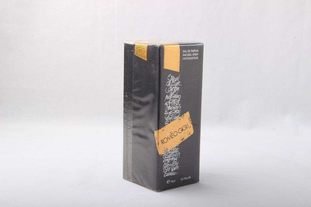 A product box for Romeo Gigli Eau de Parfum for women.