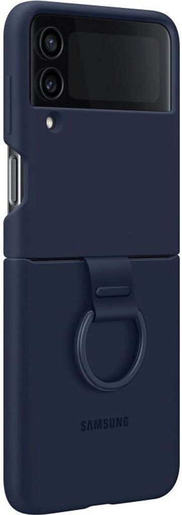 A dark blue silicone case for a Samsung Z Flip4 phone, shown from the back with a ring holder.