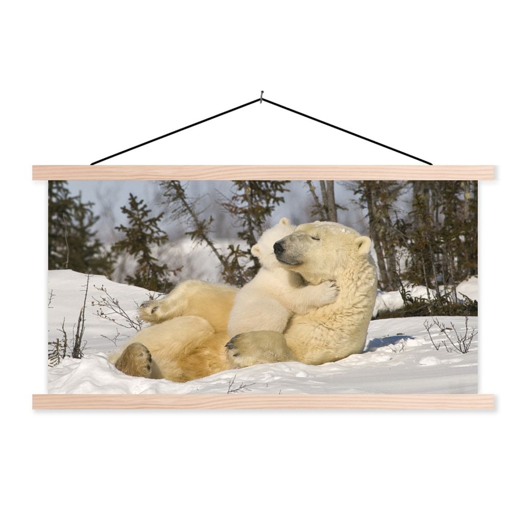 MuchoWow Textilposter Eisbär - Schnee - Höhle - Jungtier 120x60 cm mit holzfarbenen Rahmen - Klemmleiste