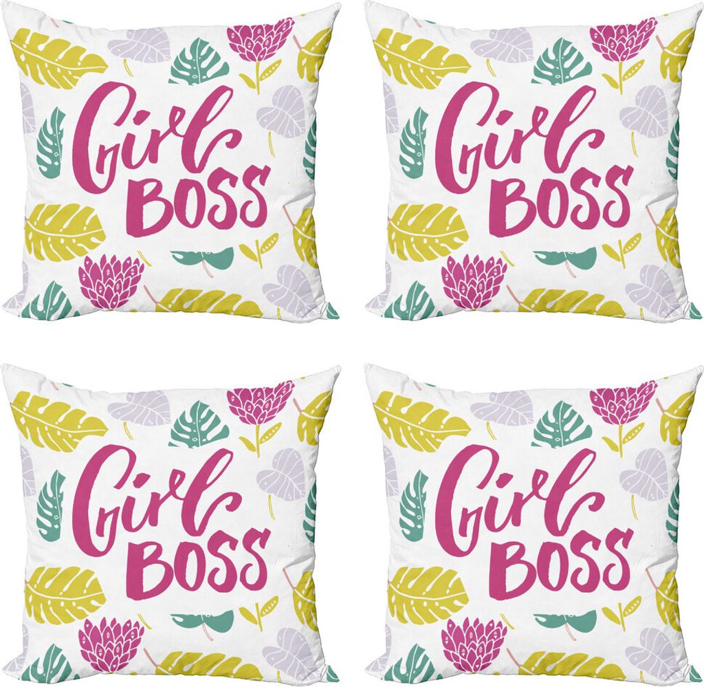 ABAKUHAUS Mädchen Boss Kissenbezug Set (4 Stück), Feminism Kalligraphie-Kunst, Moderner Doppelseitiger Digitaldruck, 60 cm x 60 cm, weiß Multicolor