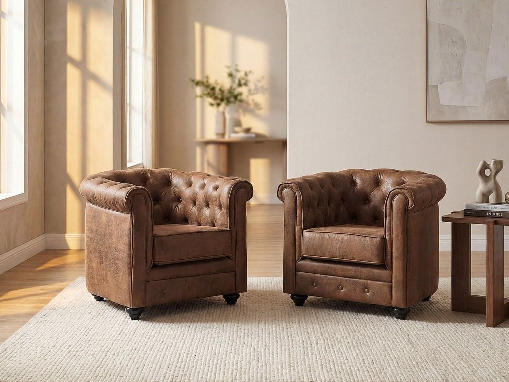 2er-Set CHESTERFIELD Sessel aus Mikrofaser mit gealterter Lederoptik